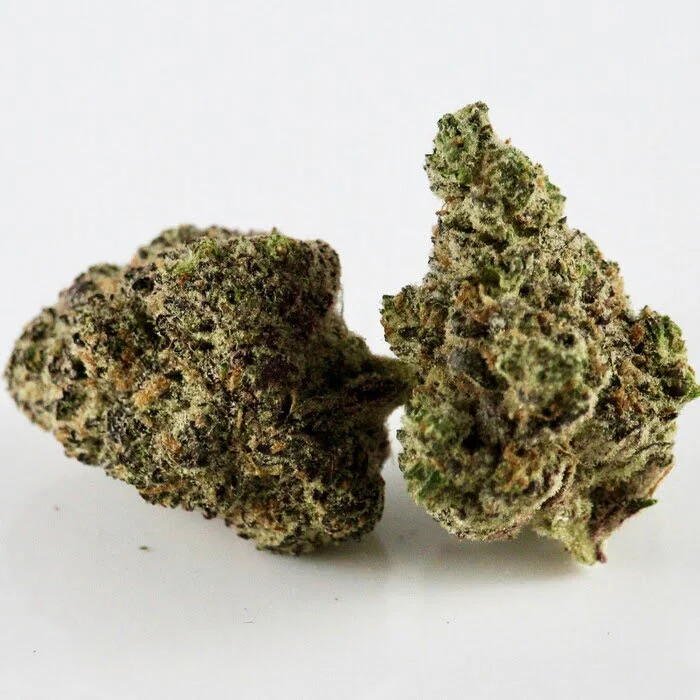 close image of two buds of Cookies cereal a la mode indica weed strain.