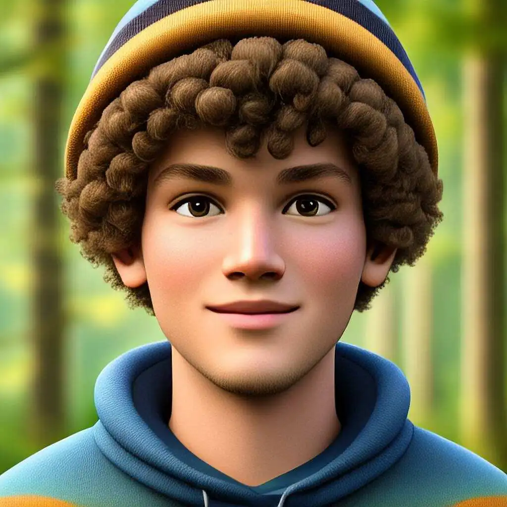 AI generated image of a young man with curly hair wearing a beanie in a forest