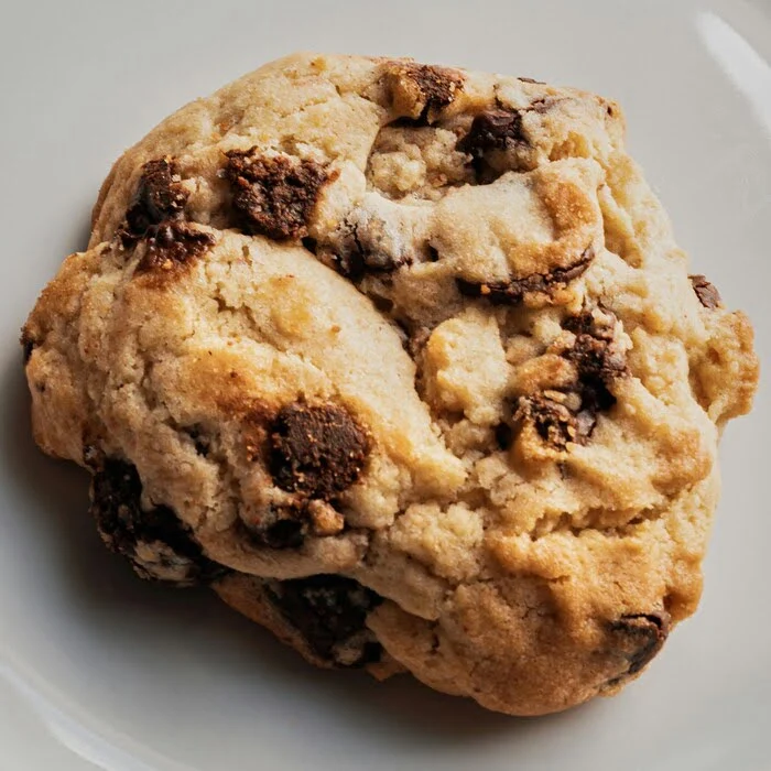 close image of a full chocolate chip edible cookie from Big Pete's Treats on a plate.