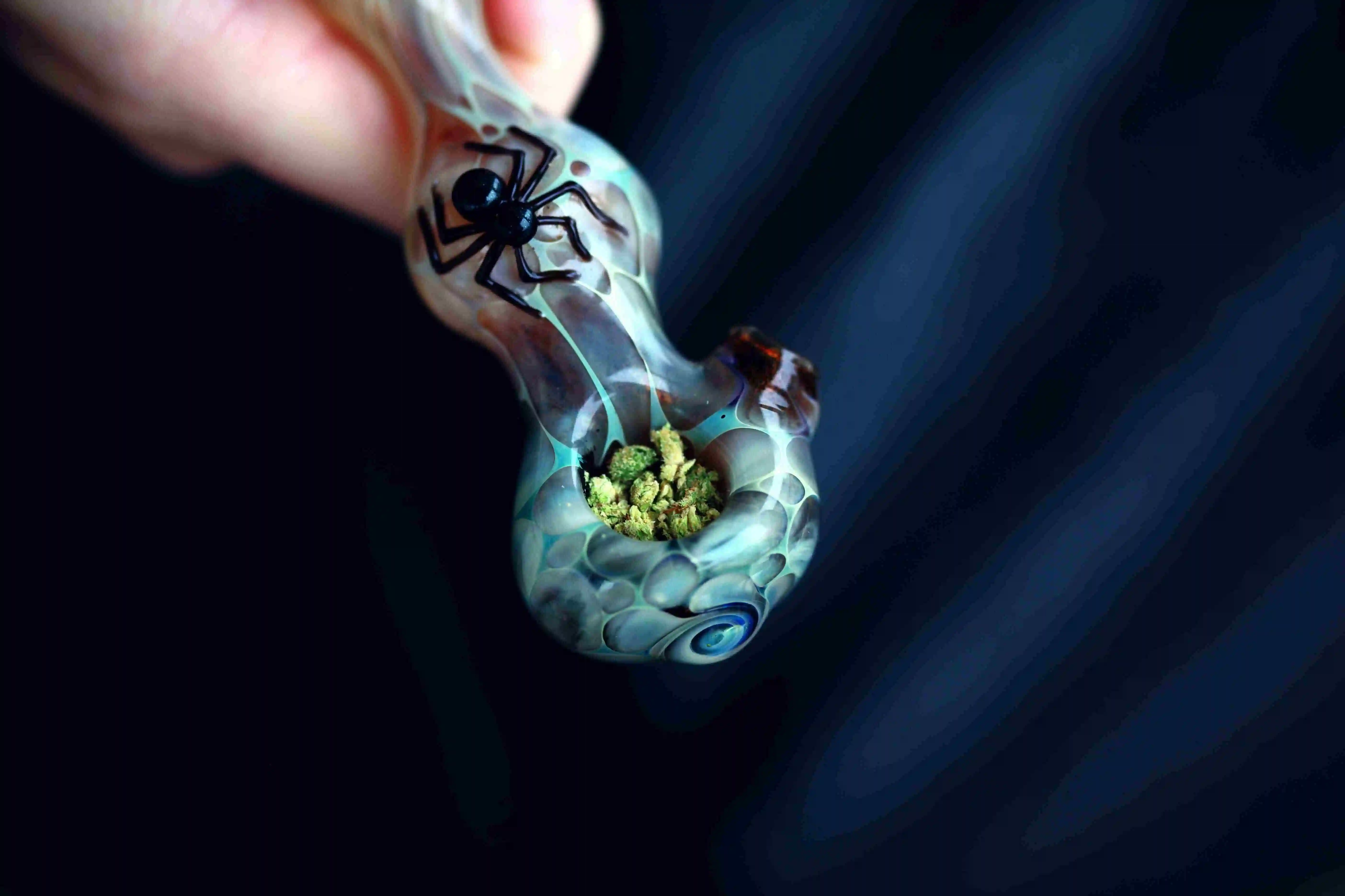 small green glass blunt with a spider engraved into the glass depicting the High Life four inch glass blunt