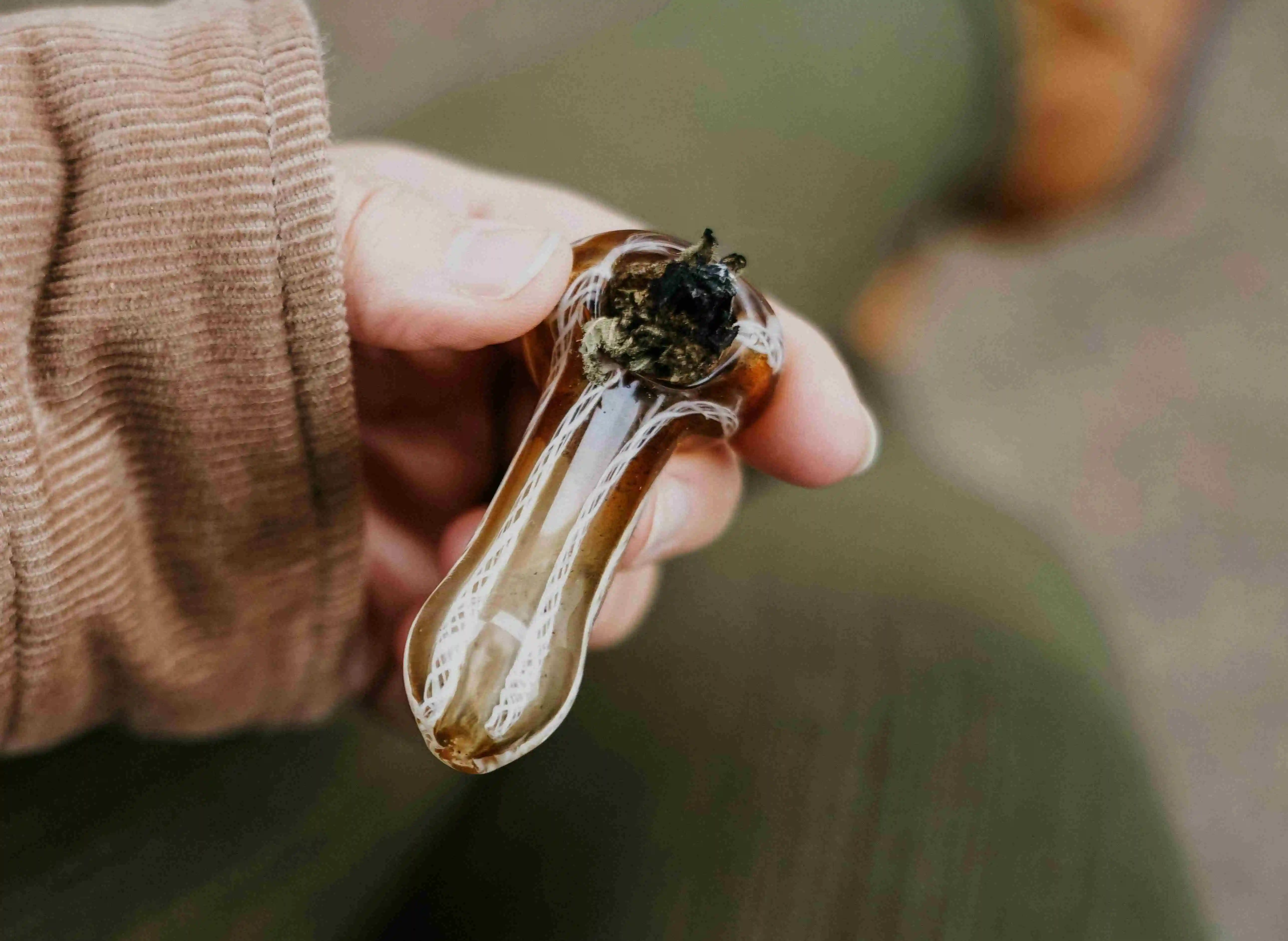 small transparent glass pipe packed with weed depicting the cookies bite hand pipe