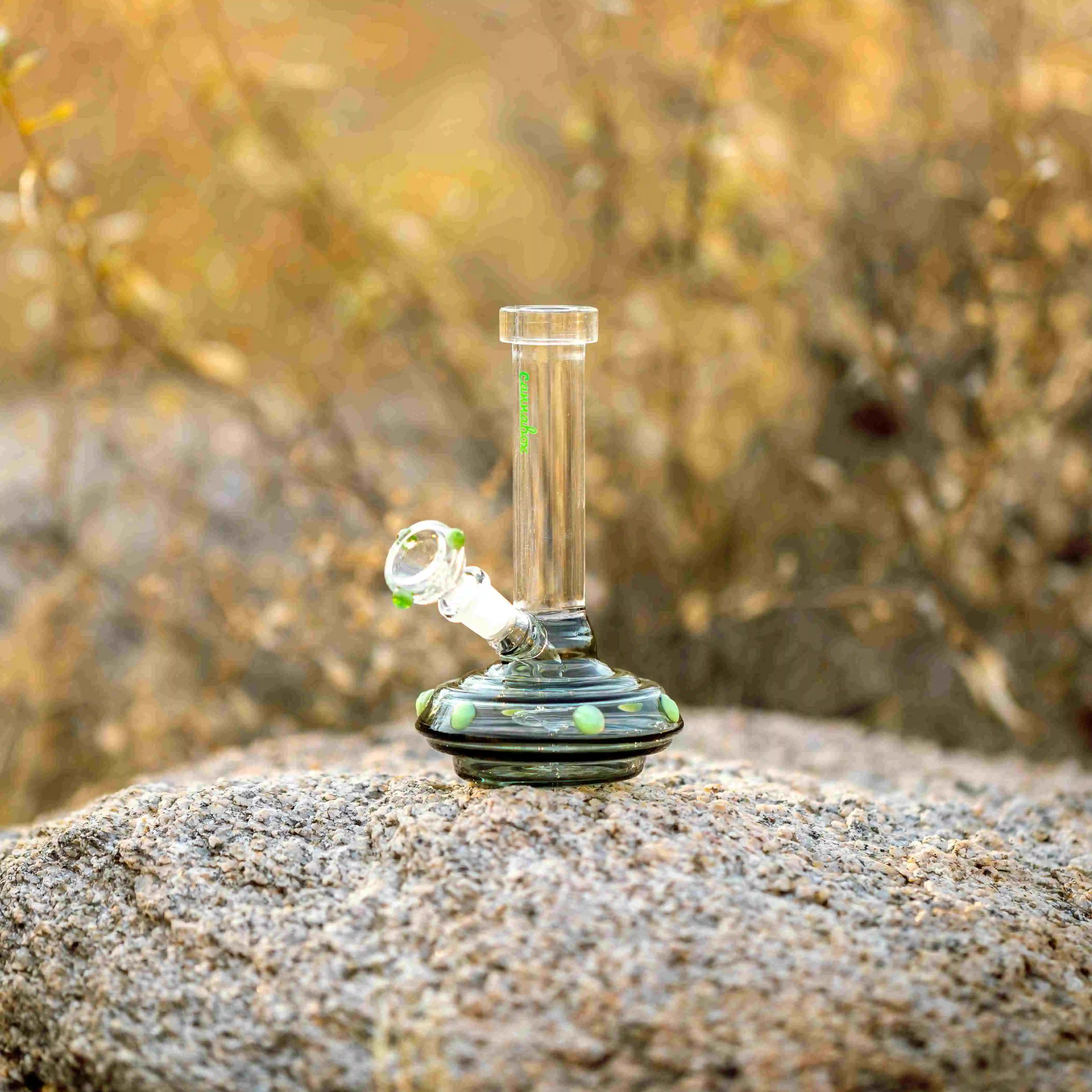 small green glass bong sitting on top of a rock depicting the cookies original beaker
